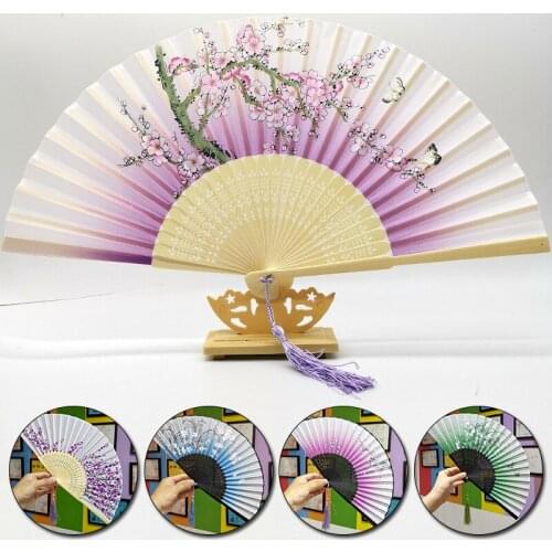 Chinese Japanese Style Silk Folding Fan with Tassel Pendant Floral Printing Hand Hold Fan Art Craft Gift Home Decoration Orname