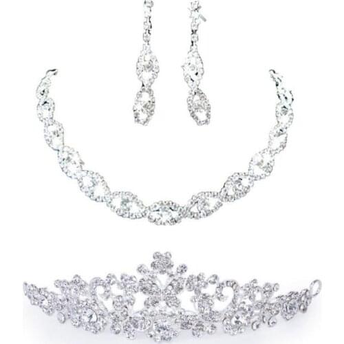 Bridal Wedding Crystal Necklace Earring Set + Floral Crown Headband Bridal Veil Tiara