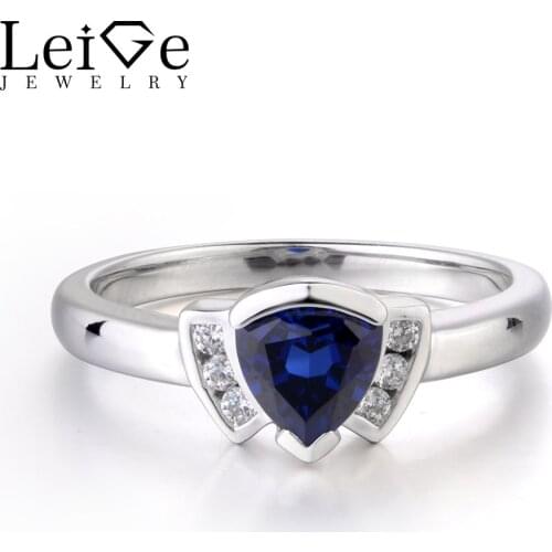 Leige Jewelry Blue Sapphire Ring Wedding Bands Anniversary Rings For Woman Bezel Setting Triangle Shape Fine Jewelry Genuine Gem