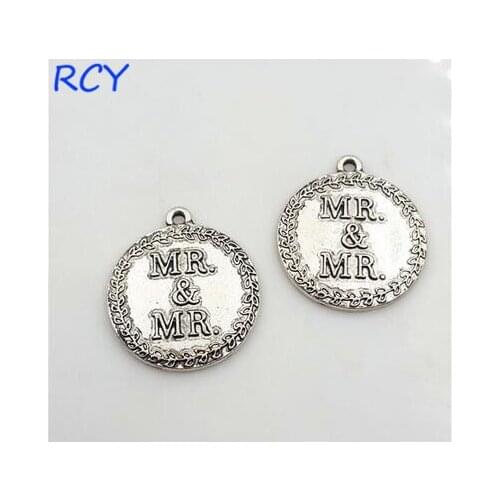 Top Quality 5Pieces/lot 25mm Round Disc antique silver plated message charms Letter Printed MR and MR charms for jewelry making