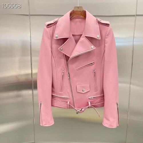 Coat Women Spring Genuine Leather Jacket 2021 New Fashion Short Clothes Female Pink Outerwear Turn-Down Collar FN6673