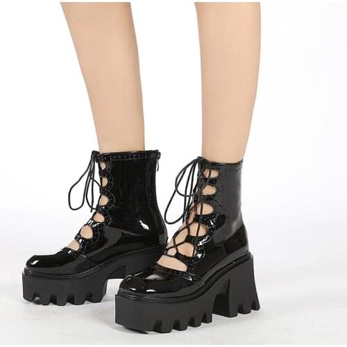 2021Strappy Square Toe Platform Boots High Heels Cross-Tied Hollow Out Gothic Style Black Shoes For Women Martin Boots Cool