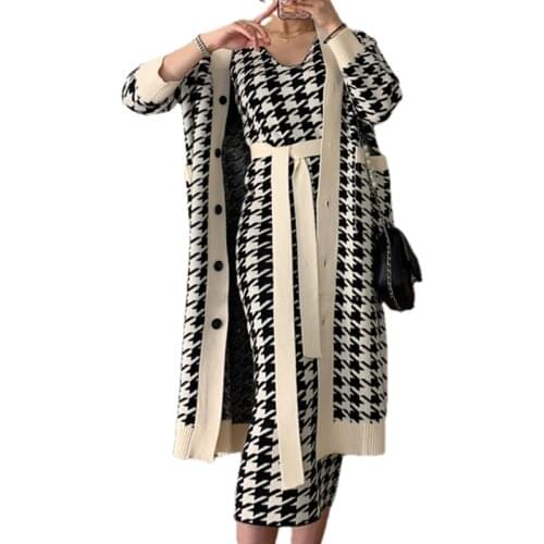 Women Large Size Long Sweater Cardigan New 2021 Fashion Houndstooth Knittwear Dress Ladies Sweaters Set Female Cloths