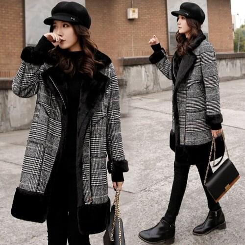Winter design womens warm thickening faux fur plus wool velvet inside houndstooth plaid pattern medium long woolen coat parkas