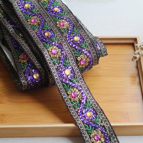 2yard/lot Lace Trim High Quality Hand Made Beaded Sequined Wedding Lace Trim purple Embroidered Retro Lace Bridal 1.77'' Wide