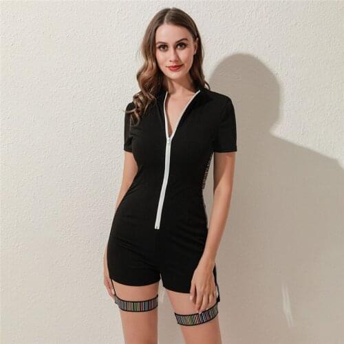 2020 Hot Sale Sexy Zipper Short Sleeve Stitching Shorts Bodysuit Playsuit Casual Women Jumpsuit Shorts Rompers