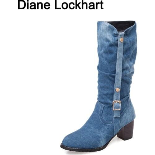 2021 Sexy Jean Boots Womens Long Tube Short Boot Winter High Heel Denim Boot Lady Stylish Jeans Boots Buckle Strap Shoes Cowboy