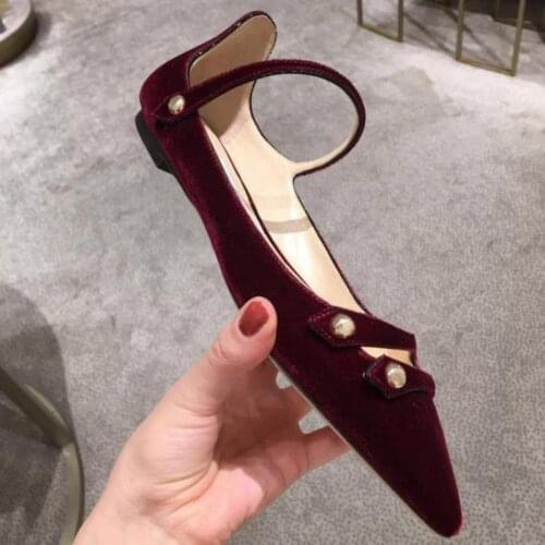 2021 Summer Shoes Woman New Style Velvet Rivets Wine Red Flats Shoes Pointed Toe Shallow Velvet Single Shoe Mary Janes Sandals