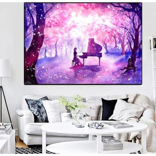 Abstract Woman Playing Piano Poster Watercolor Canvas Painting Poster and Prints Wall Art Pictures for Living Room Bedroom Decor