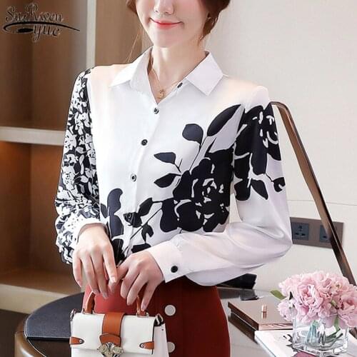 Satin Printed Lapel Singel Breasted Women Tops and Blouses Autumn New Fashion Silk Shirts Long Sleeve Silk Womens Blouse 11400