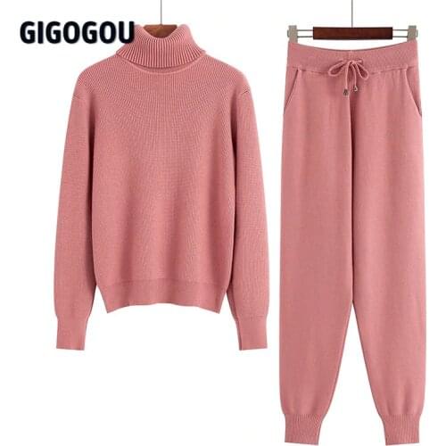 GIGOGOU Two Piece Set Women Knit Sport Suits Thick Warm Turtleneck Women Sweater + Drawstring Harem Pants Winter Jogging Outfits