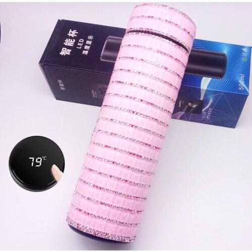 Shiny Diamonds 304 Stainless Steel Vacuum Flask Water Cup 500ml Luxury Smart LED Temperature Display Metal Cup 230*65mm