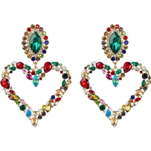 Multicolor Luxury Crystal Rhinestone Heart Shaped Earrings Women Indian Ethnic Big Dangle Earring Jewelry Statement Long Earring