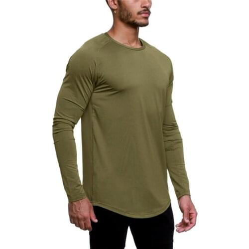Fitness Long Sleeve Men Hiking T-Shirts Irregular Curved Hem Loose O Tee Hop Shirts Streetwear Casual Tops
