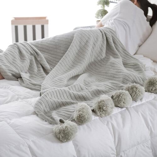 Soft Cotton Blanket Nordic knitted yarn blanket Hair ball blanket Sofa Cover with Pompon carpet slipcover Chair cover Home decor
