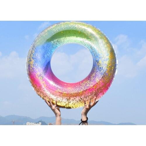 Rainbow Gradient Inflatable Swimming Ring Glitter Sequins Pool Floats Water Circle Summer Beach Party Toys for Adult Children