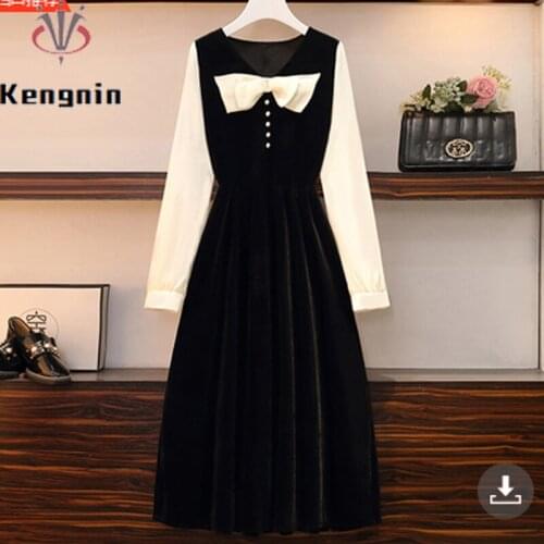 Autumn Winter Thick Velvet Dress Women Loose Oversized 5XL Ladies Evening Dress Patchwork Black Color Big Bow Female Robe KE1927