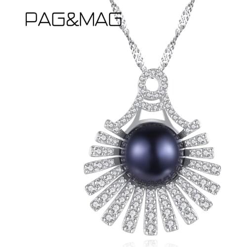 PAG&MAG Cute Shell Shape With Black Natural Pearls 925 Sterling Silver Necklace Pendant For Women Girls Silver Fashion Jewelry