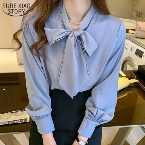 2021 Autumn Long Sleeve Shirt Fashion Loose Korean Bow Collar Satin Chiffon Blouse Office Lady Style Women Tops and Blouse 10691