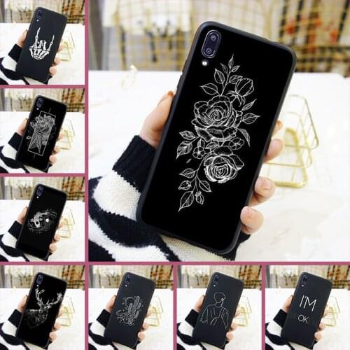 For Huawei Y6 Y7 Y9 Pro Prime 2019 Phone Case Silicone Flower Cactus Deer Art Black Soft Back Cover For Huawei Y5 Y6 Y7 2019