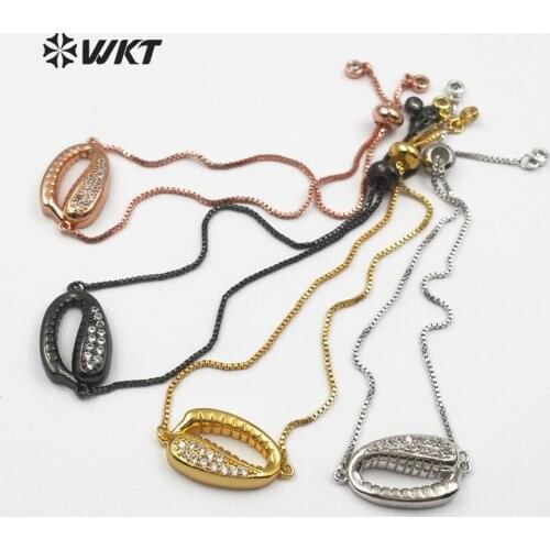 WT-MB107 WKT Adjustable multi colors women bracelet cowrie shell shape with cubic zirconia paved charm & box chain for jewelry