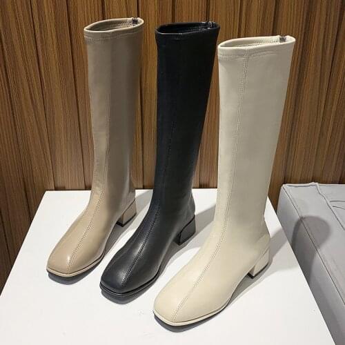 2021 Women Knee High 4cm High Heels Boots Leather Fetish Knight Fashion Boots Booties Lady Low Heels White Autumn Quality Shoes
