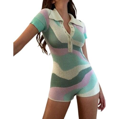 IMCUTE 2021 Autumn Short Sleeve Playsuit Women Patchwork Y2K Knitted V Neck Casual Romper Sexy Bodysuits Home casual wear