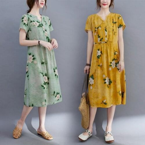 Real Shot 2021 Summer Womens New Style Literary Cotton and Linen Floral Retro Large Size Western Fashion Slim Dress