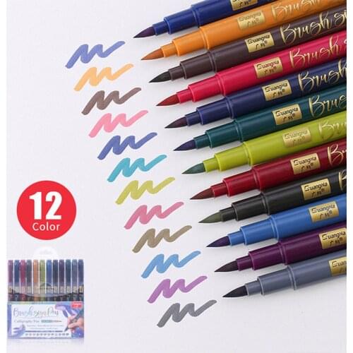 12 Colors Art Marker Pens Watercolor Brush Pens Brush Highlighter Pen for Hand Lettering Sketching Note School Supplies