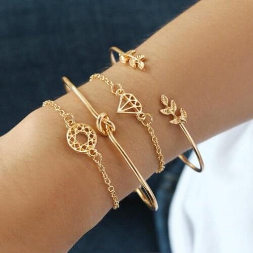 4Pcs/Set Retro Leaf Knot Diamond Shape Charm Women Open Bangle Bracelet Jewelry