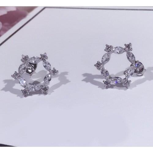 White And Yellow Two Colors S925 Sterling Silver Flower Stud Ear Luxury Rhinestone Wreath Studs Earring Wedding Woman Gift