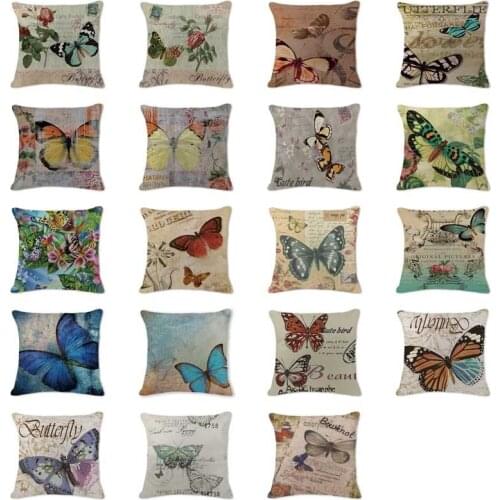 Decorative Butterfly Cushion cover Vintage Custom Colorful Linen Flower Cushion case Sofa Car Home Decor Fashion Throw pillow