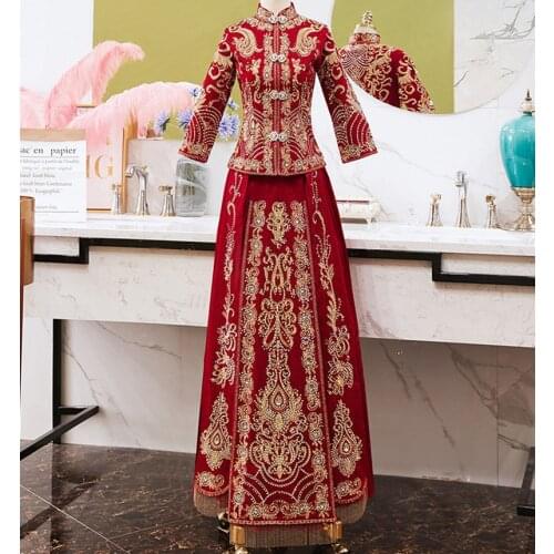 FZSLCYIYI Chinese Bride Dress Wedding Dress Retro Dress Chinese Cheongsam Dress High Quality Embroidery Long Section Marry Qipao