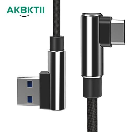 AKBKTII USB Type C Cable for Xiaomi Redmi Note 10 9 Pro Nylon USB C Cable 90 Degree Fast Charging for Samsung S20 Type C Cable
