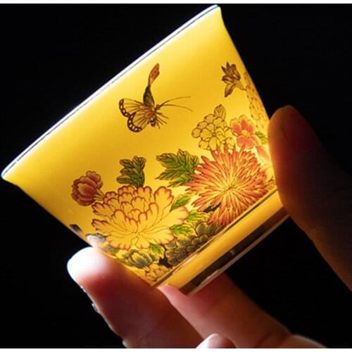 Ceramic grilled flower tea cup gold tea bowl, enamel color single personal teacup handmade accessories