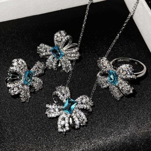 Designer original new diamond butterfly set bow knot necklace ring earrings sparkling exquisite ladies beautiful jewelry