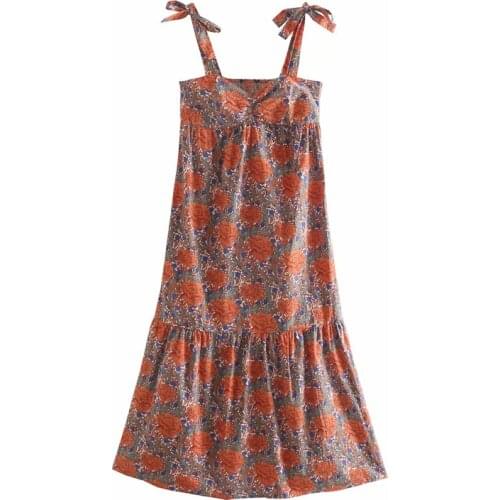 Summer Dress Women Camisole Bow Loose Dress Lady Beach Style Floral Printed Dress Elegant Tie Up Bow Strap Elegant Midi Dresses