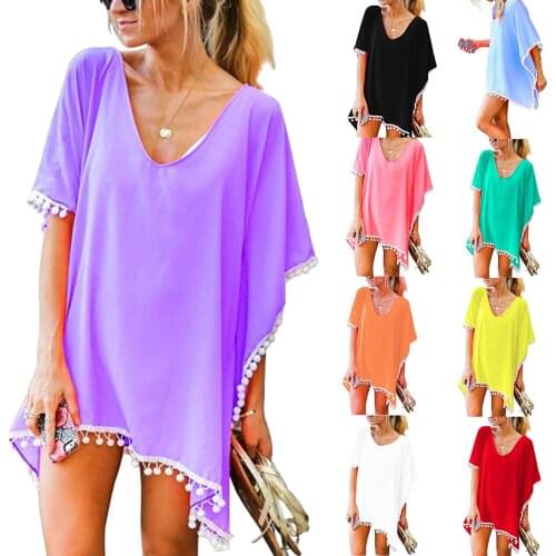 9 Colors Hot Summer Women Top Shirts Beach Bikini Cover Up Chiffon Solid Bathing Tops Female Swimsuit Swimwear Cover-Up One Size