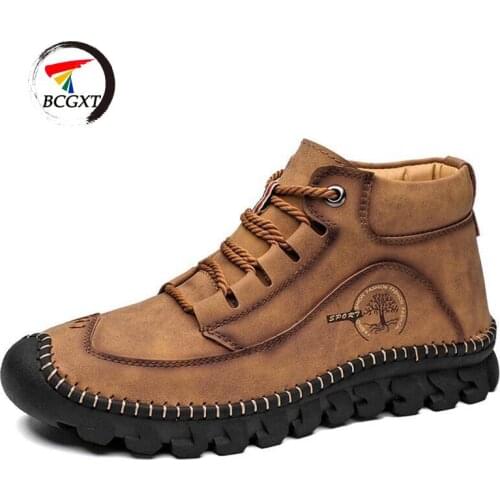 Fashion Mens Boots Handmade Mens Ankle Boots Autumn Winter Mens Motorcycle Boots Outdoor Men Short Boots Lace-up Mens Shoes