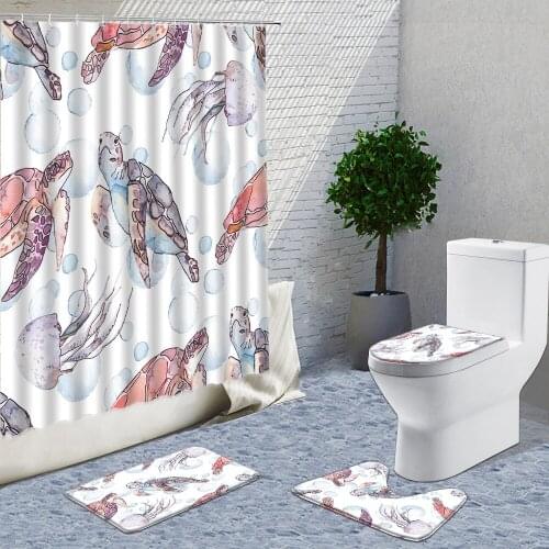 Marine Life Shower Curtain Cartoon Painting Sea Turtle Fish Carpet Set Curtain For Bath Home Decor Flannel Foot Pad U-Shaped Pad