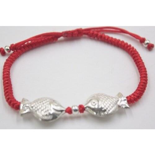 Real 925 Sterling Silver Bracelet Double Fish with Red Cord Lucky Bracelet For Women