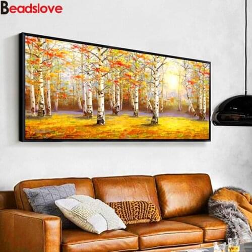 Full Square round drill Diamond painting Birch forest Diamond embroidery Cross stitch long yellow trees resin office wall decor