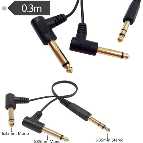 ERE Gold Plated 6.35mm 1/4" Male TRS Stereo to Dual 2 x 6.35mm 1/4" Male TS Mono 90 Degree Right Angle Y Splitter