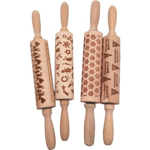 Christmas Engraved Roller Reindeer Snowflake Embossing Rolling Pin For Cookies Tools Noodle Biscuit Fondant Cake Printing Mold
