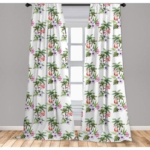 Flamingo Window Curtains Watercolor with Exotic Birds Tree Leaves Orchid and Hibiscus Blossoms Lightweight Decorative