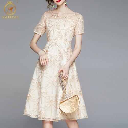 SMTHMA 2021 New Fashion Designer Summer Mesh Midi Dress Women Short Sleeve Flowers Embroidery Vintage Party Dresses Robe