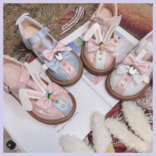 Lolita Shoes Women Flats Low Round Rabbit Head Straps Bow Cute Girls Princess Tea Party Shoes Students Lovely Shoes Big Size 40