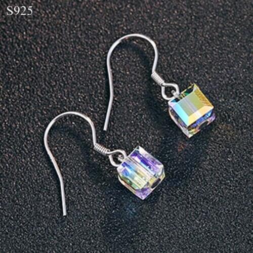 100% Genuine Real Pure Solid 925 Sterling Silver Long Dangle Drop Earrings Women Square Austrian Crystal Female Earrings Gift