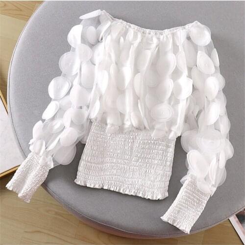 One-shoulder waist waist top womens three-dimensional flower foreign air bubble sleeve net gauze chiffon shirt