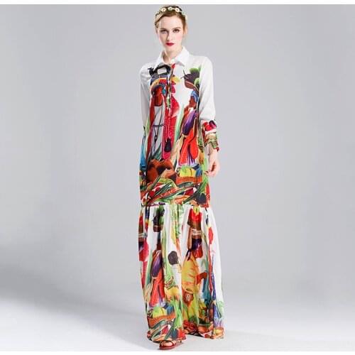 2021 Summer Elegant Bohemian Ladies Long-Sleeve Lapel Hem Pleated Unique Pattern Printing Beach Long Dress Chiffon Drape Fabric